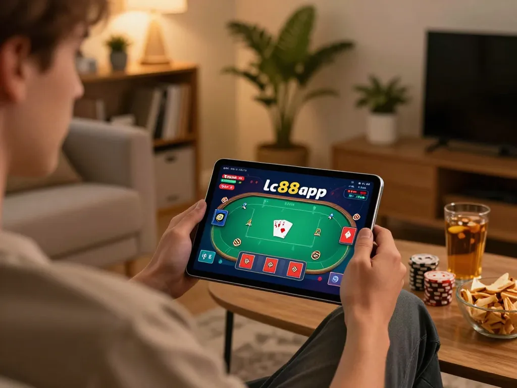 Engaging with the lc88app in a cozy home setting while playing poker online.