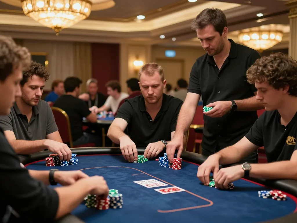 Players engage in a high-stakes poker game at a luxury casino showcasing 7me betting strategies