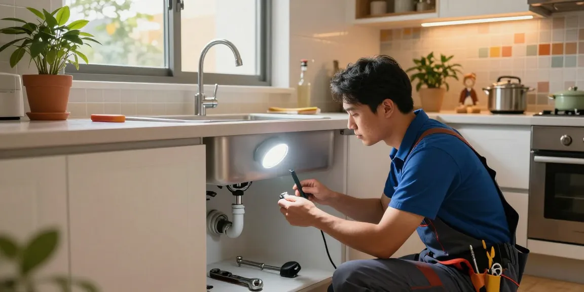 Expert plumbers in Singapore diagnosing a kitchen leak under a sink with professional tools.