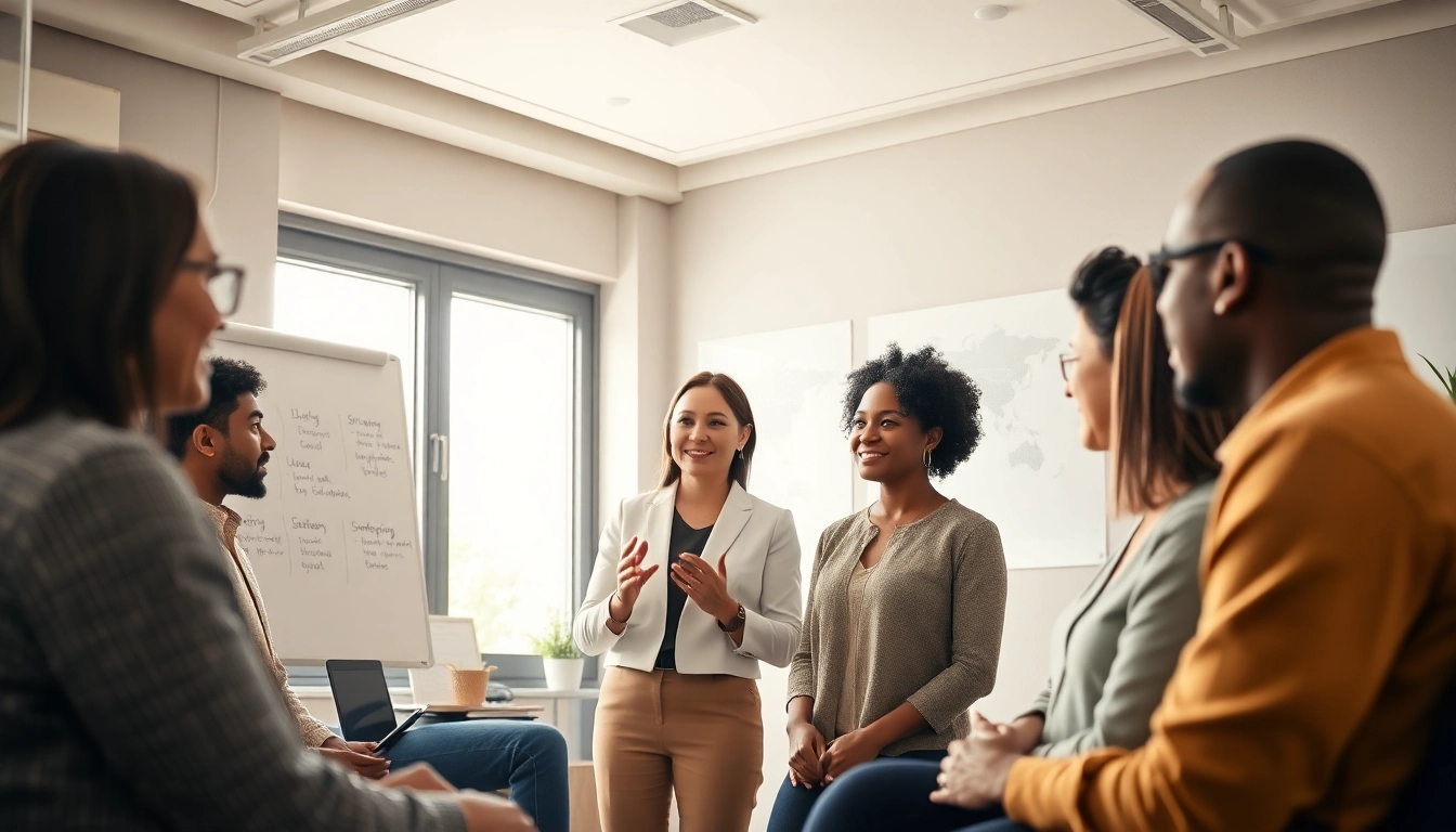 Career coaching session with a diverse group in a professional office.