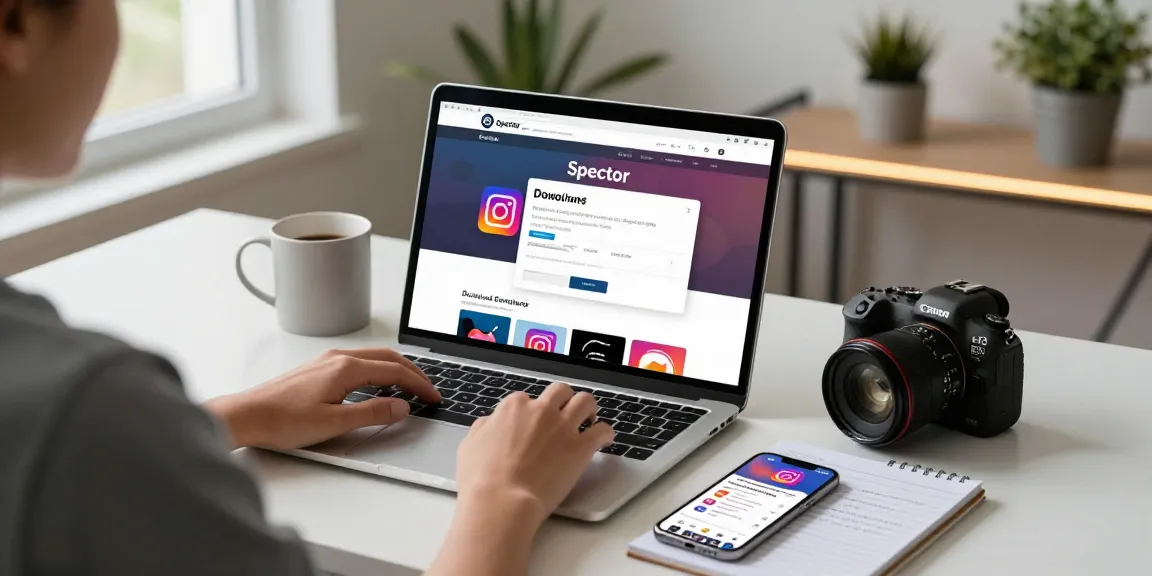 Person using https://spector.net/ to download Instagram content in a modern home office.