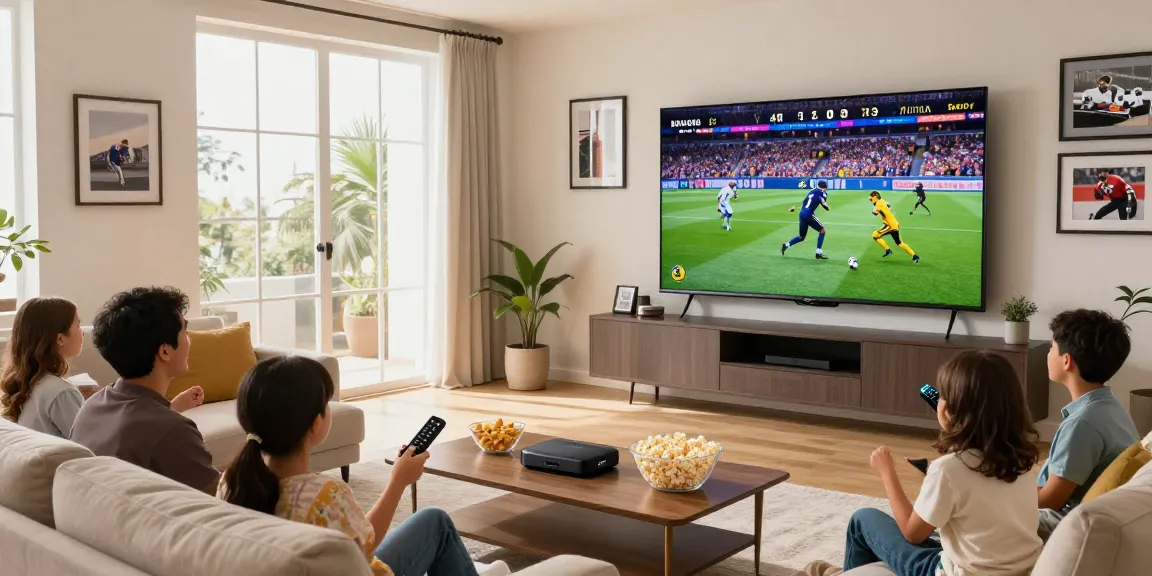Family enjoying a football game on a large screen TV with iptv nederland and iptv abonnement streaming in 4K quality.