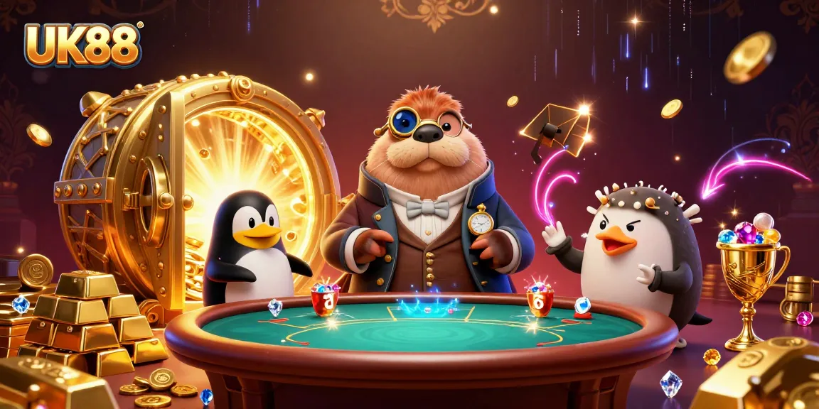 UK88 showcases an underwater poker scene with a jolly walrus, equipped for thrilling gambling action.