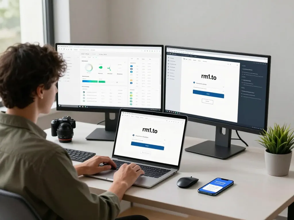 User accessing rm1.to login page in a modern tech workspace with dual monitors.