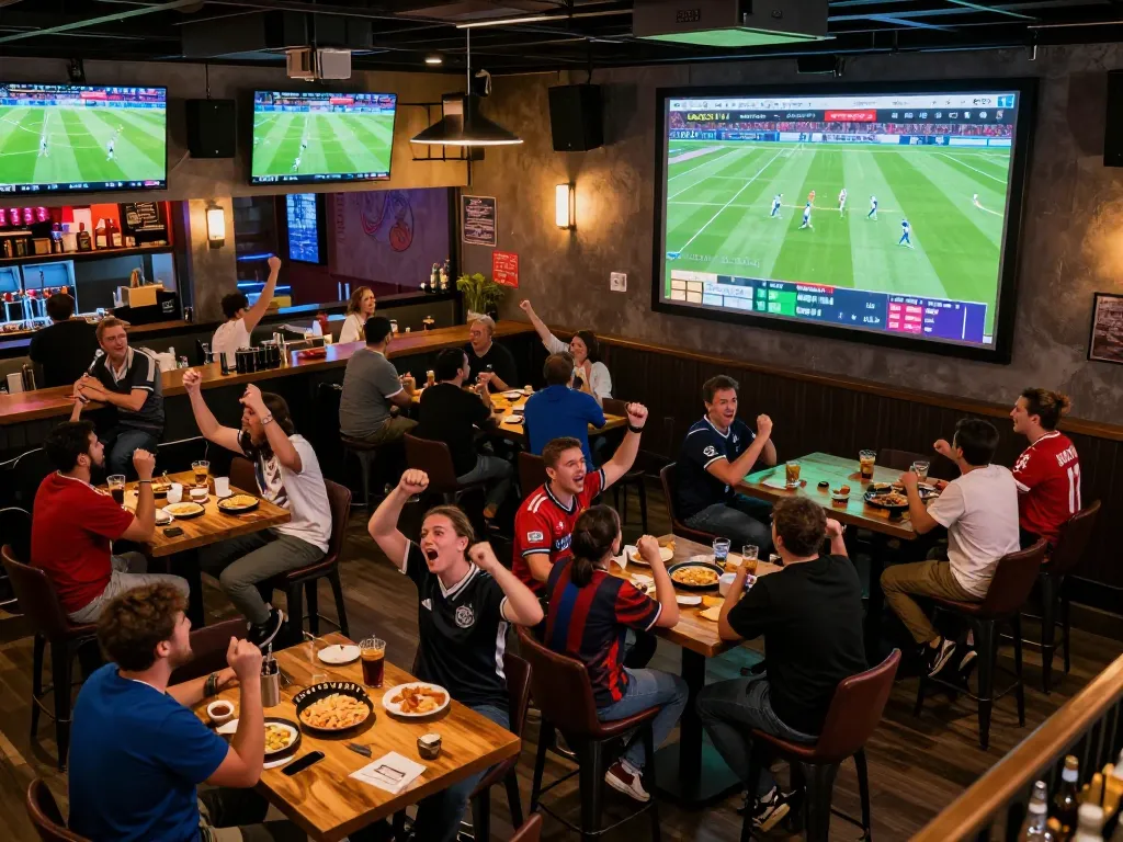 Socolive streams live football matches as excited fans cheer in a lively sports bar atmosphere.