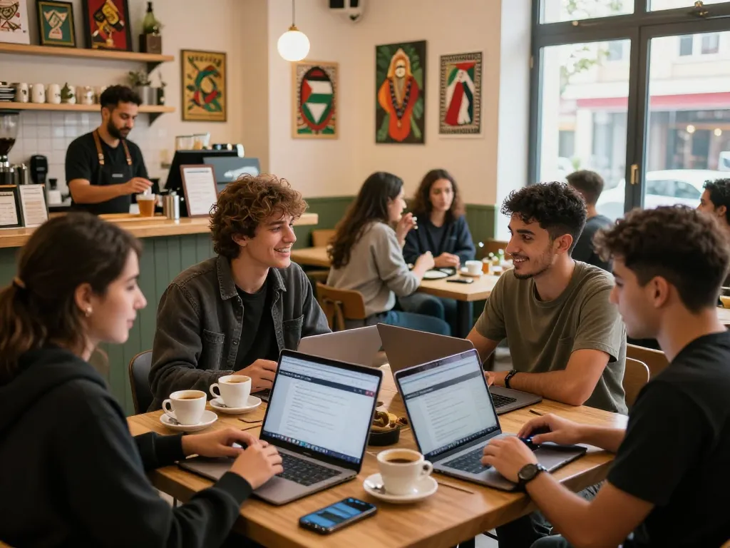 Engaged group chatting using شات فلسطين in a lively café atmosphere.