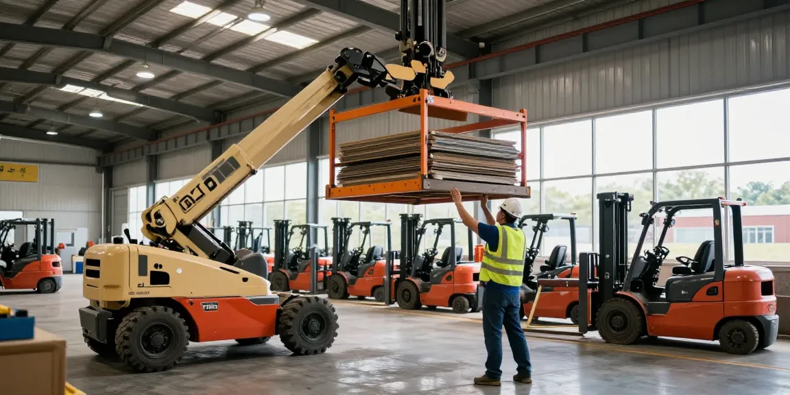 Texlift lift in action with an electric telescopic wheel loader lifting materials in a bright warehouse.