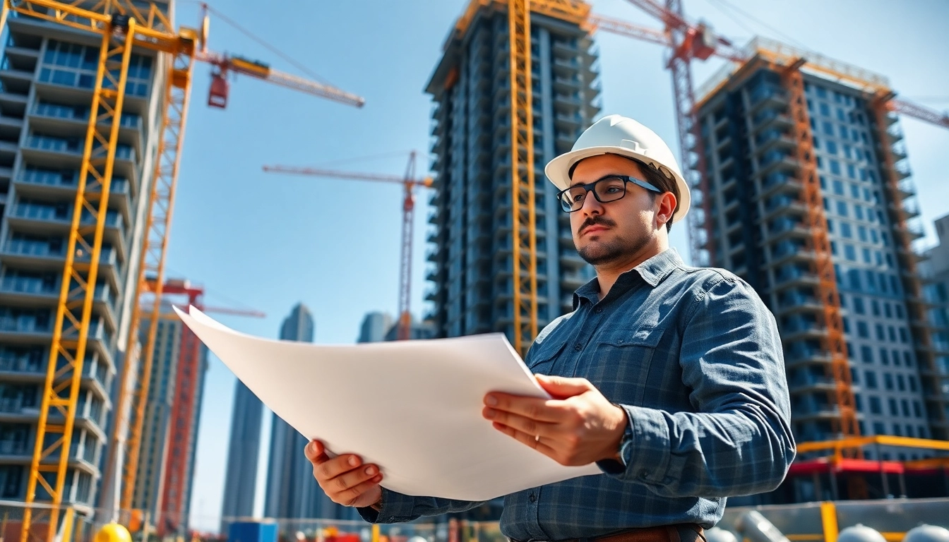 Manhattan General Contractor inspecting blueprints at a bustling construction site.
