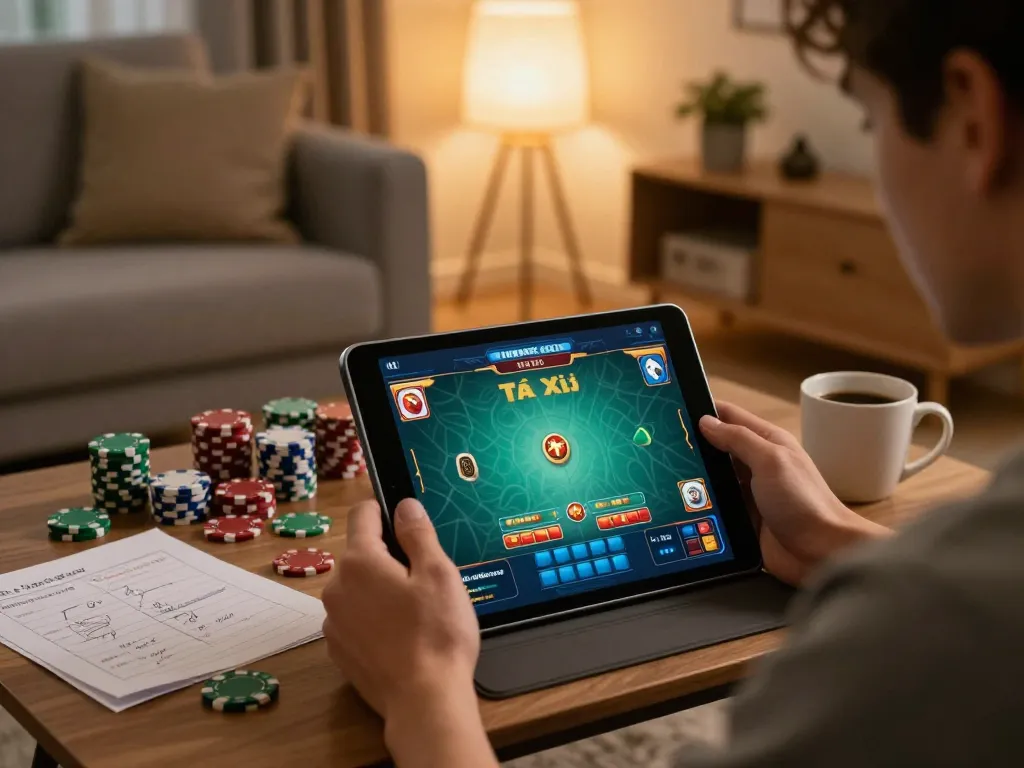 Player enjoying a game of Tài Xỉu online at taixiuonline.za.com while analyzing betting strategies and enjoying a cozy atmosphere.