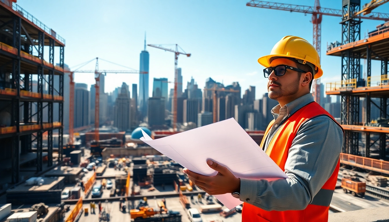 Manhattan Construction Manager supervising a busy construction site against NYC skyline.