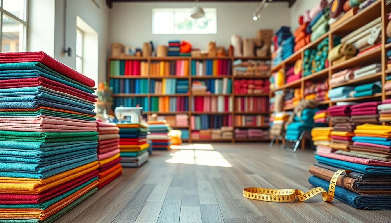 Bekijk stoffen winkel online met kleurrijke stoffen en een warme atmosfeer.
