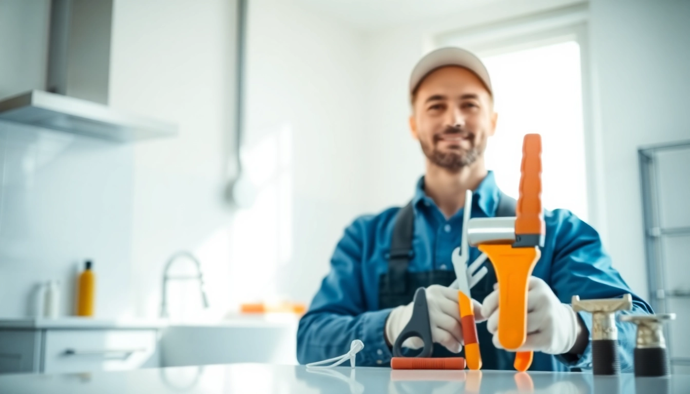 Plumber near me fixing pipes in a modern kitchen setting.