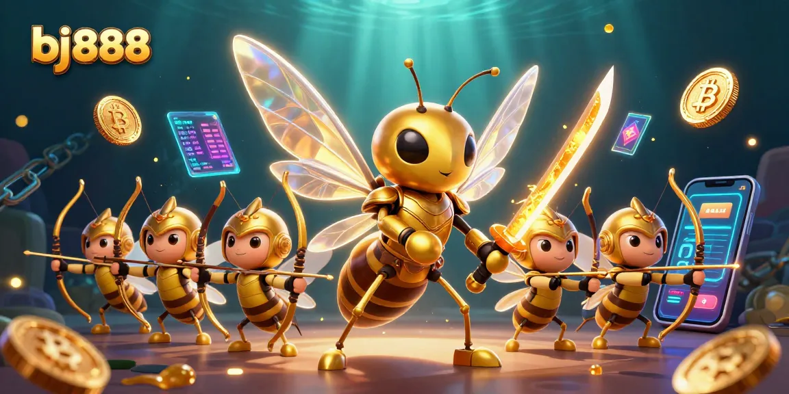 Engage with bj888 at an immersive 3D casino scene, featuring a dynamic hornet warrior and vibrant crypto elements.
