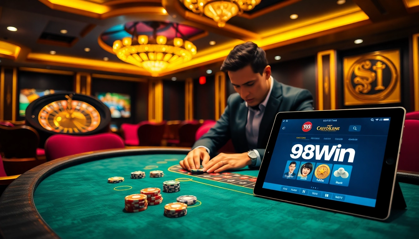 Explore the thrilling 98win blackjack table with vibrant chips and an exciting atmosphere.