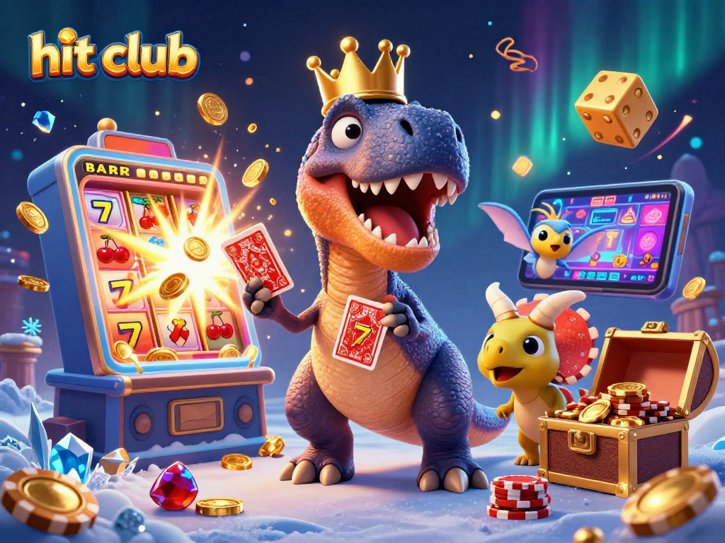Engage with hit club action featuring a T-Rex, Pterodactyl, and Triceratops in a vibrant casino scene.
