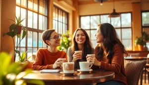 Friends chatting in a café about their crush on someone, creating a warm and inviting atmosphere.