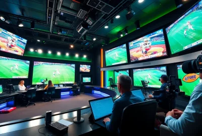 Sports Broadcasting studio capturing dynamic hosts with modern equipment and live event screens.