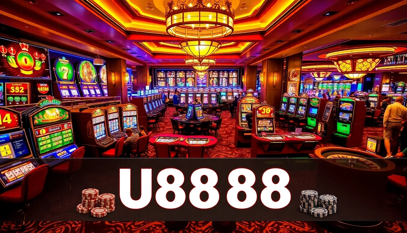 Exciting casino atmosphere showcasing U8888 gaming tables and vibrant slots.