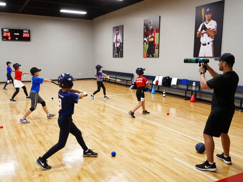 Young athletes training at hitclub baseball facility, practicing batting with coach supervision and equipment scattered around.