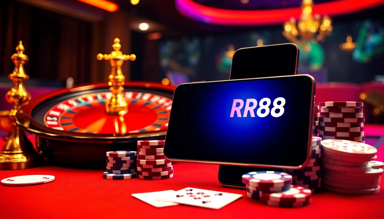 Engage with thrilling gameplay using the RR88 App on a luxurious casino table filled with poker chips and cards.