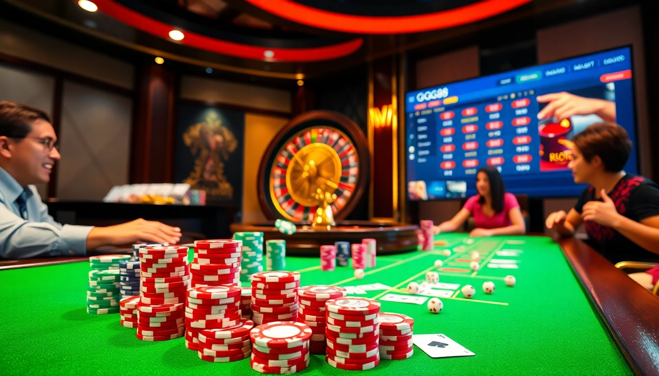 Engaging players at a GG88 poker table with chips and a roulette wheel in a luxurious setting