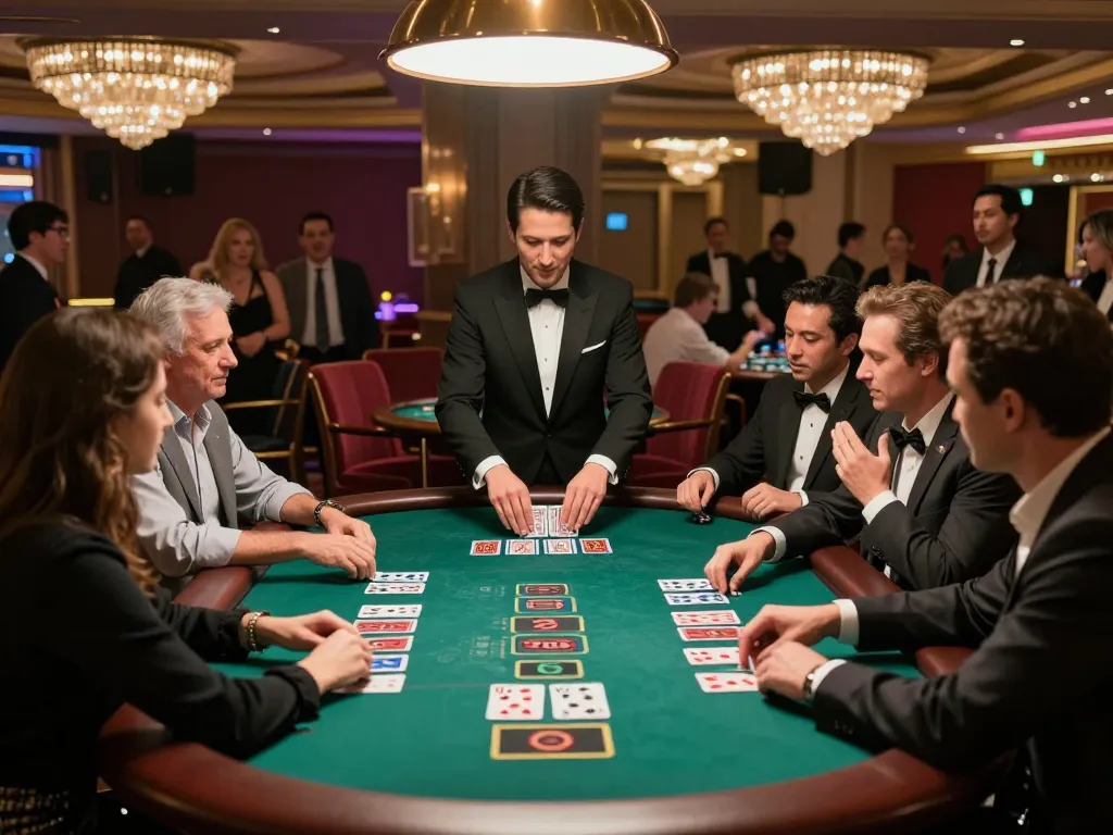 Engaged players enjoying blackjack at a vibrant casino, highlighting the excitement of gambling at https://fc88.baby.