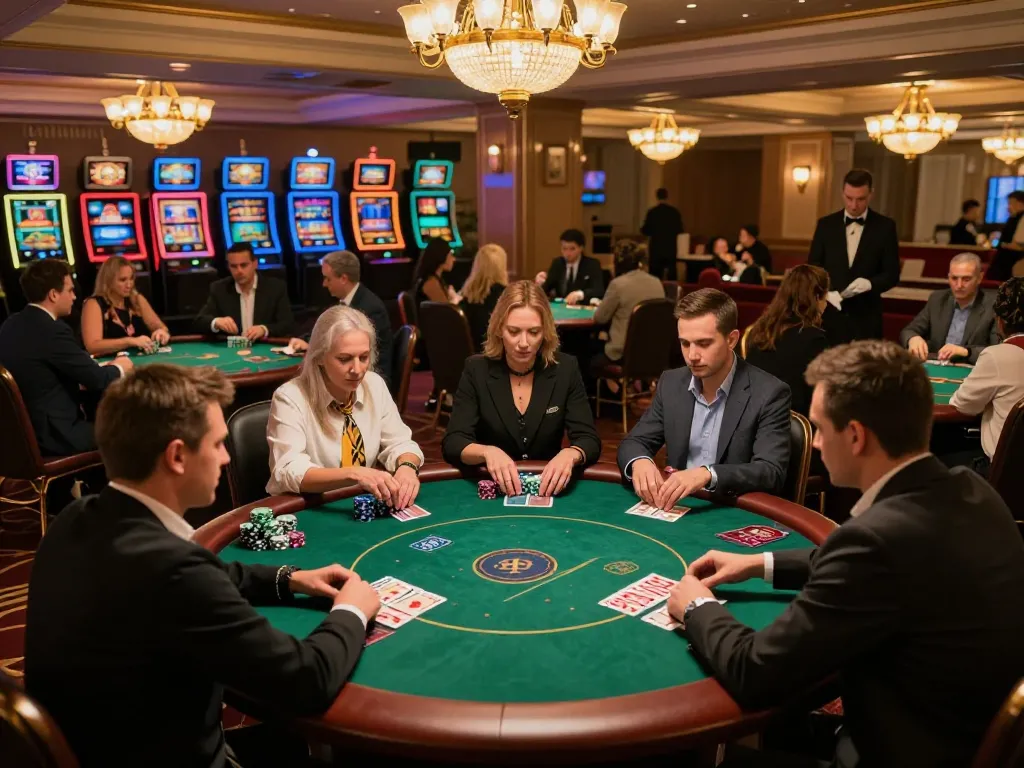 Man club engaging players at poker tables celebrating wins amidst vibrant casino lights