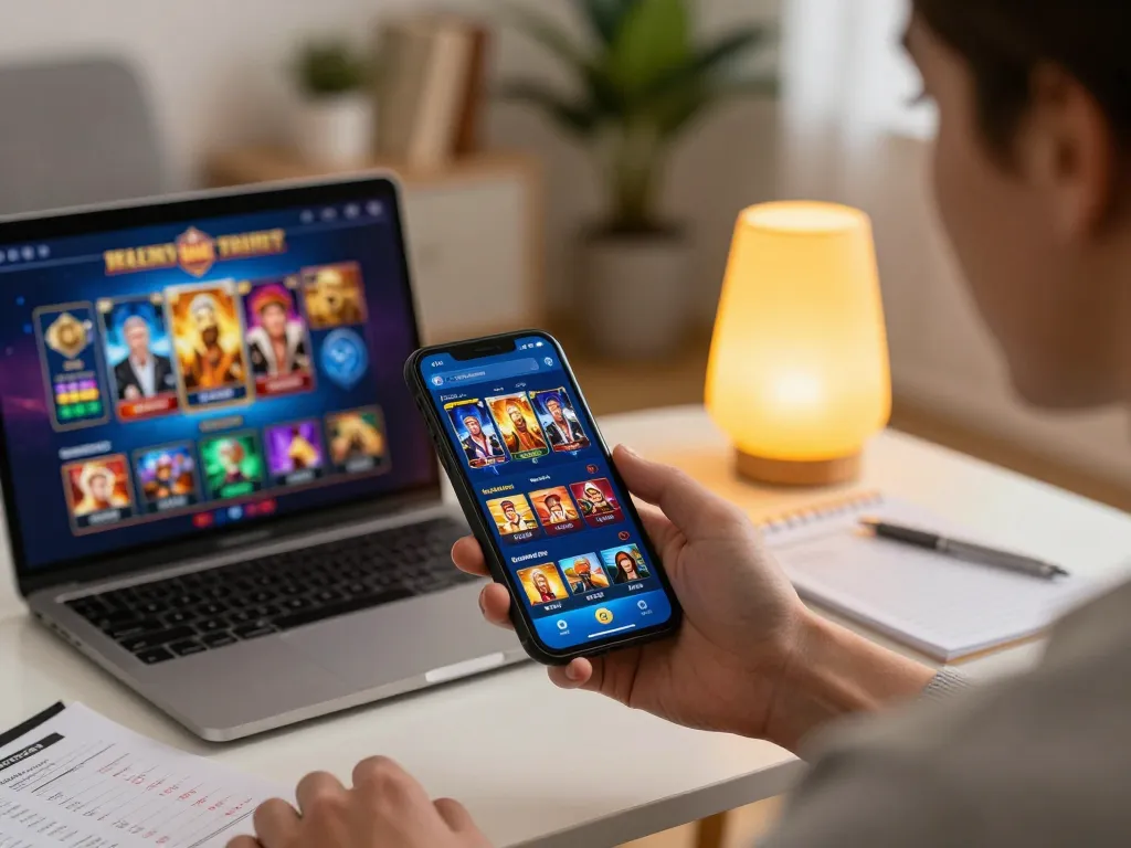 Player using NK88 mobile app for online casino gaming in a cozy home setting.