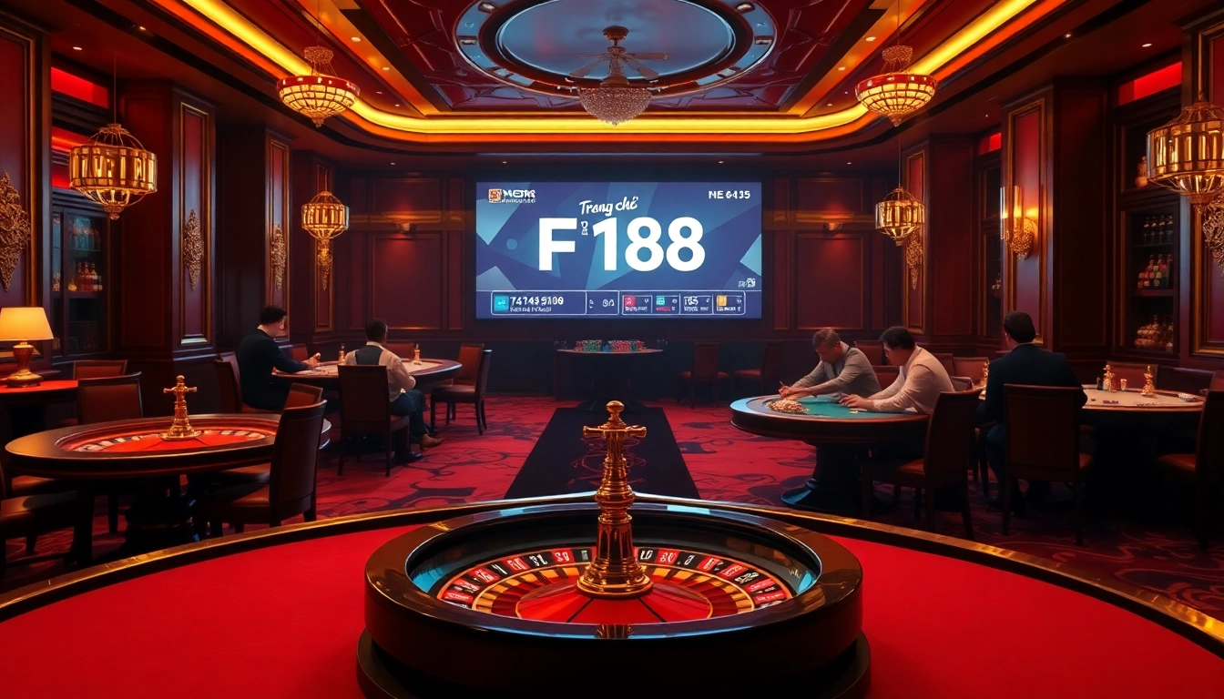 Players enjoying high-stakes games on Trang chủ F168's luxury casino floor, filled with excitement.