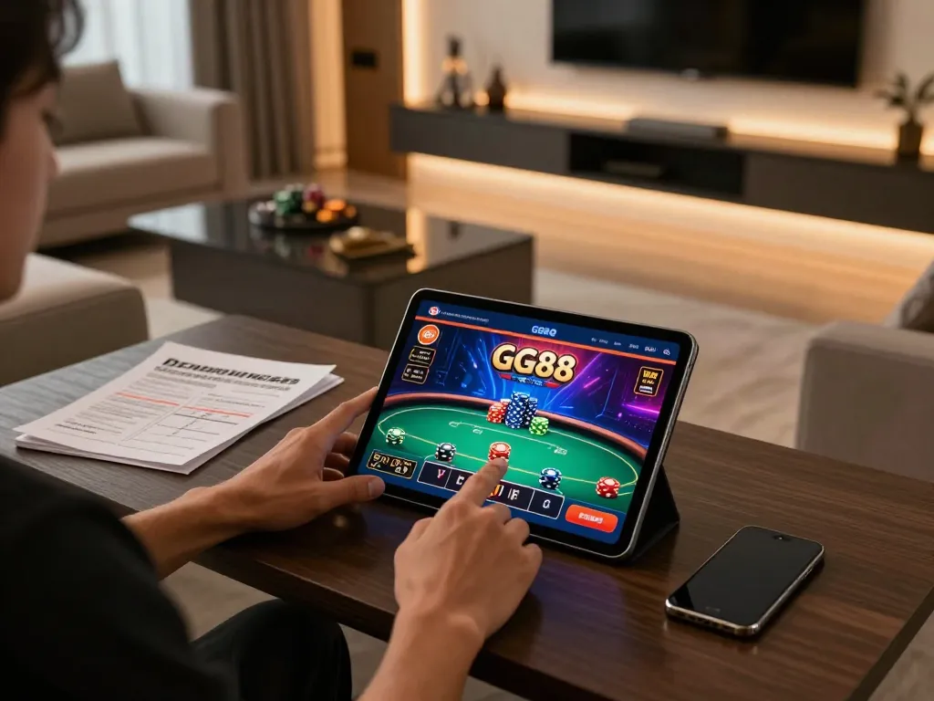 Player strategizing on GG88 gaming app while enjoying a cozy home setting