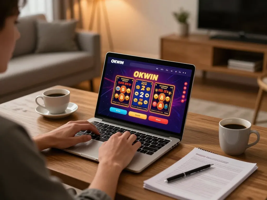 Player engaging in online gaming with OKWIN app on laptop, cozy home office setting, strategic play.