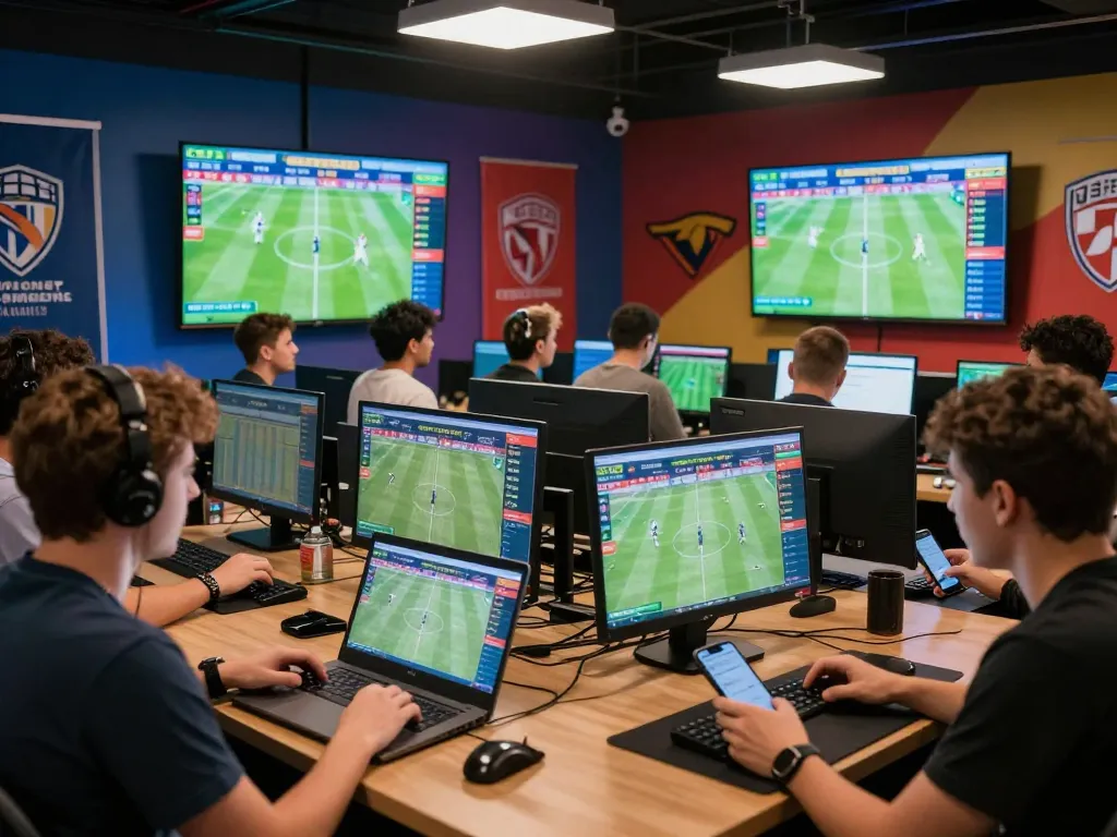 Excited bettors engaging in Judi Bola online, placing bets on live football matches in a vibrant environment.