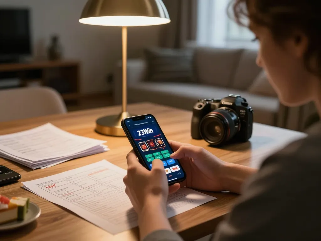 Player strategizing with 23Win mobile casino app in cozy home setting.