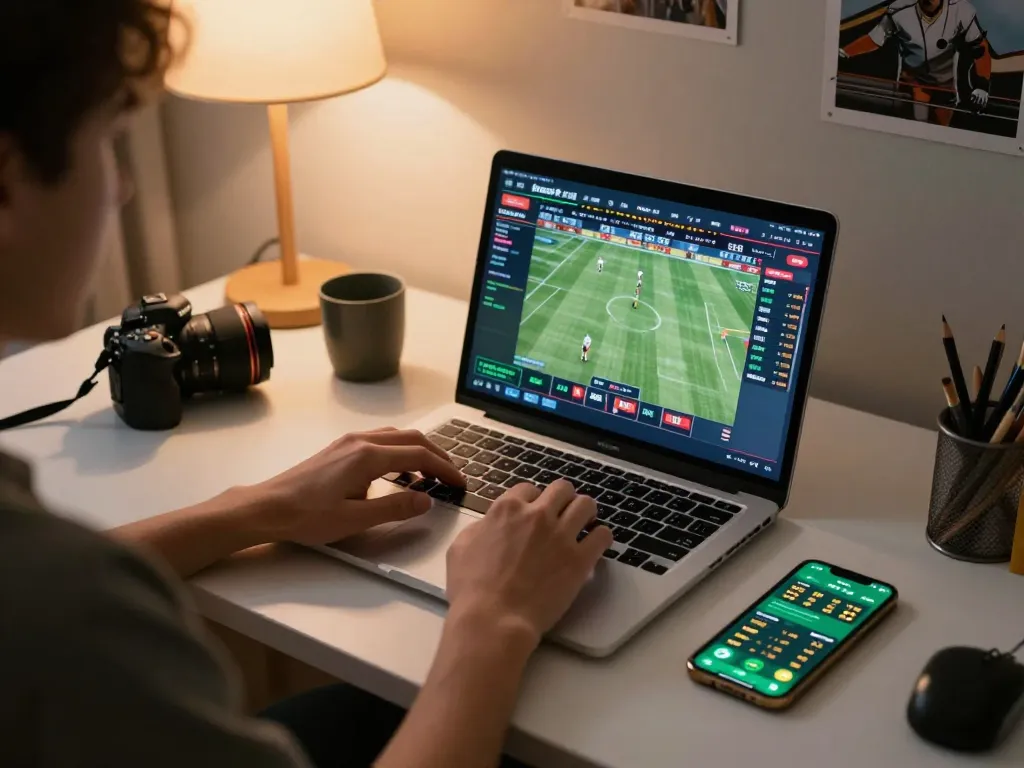 Person engaged in live online sports betting via laptop, optimizing strategies with five88 interface.