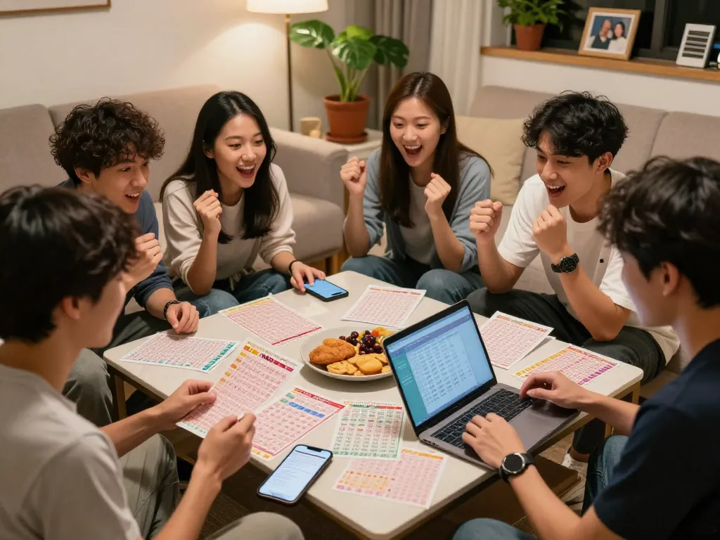 Sekelompok teman mendiskusikan hasil HK Lotto di rumah dengan tiket dan laptop.