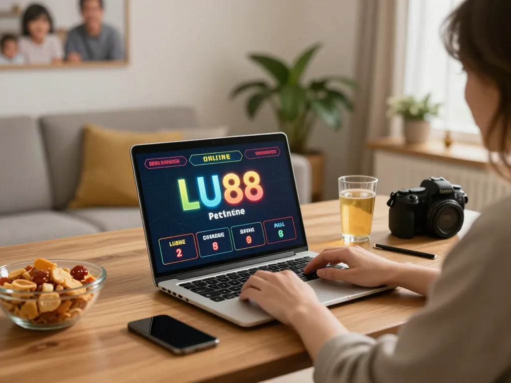 Engaged player enjoying online betting on LU88 at home with warm atmosphere and snacks
