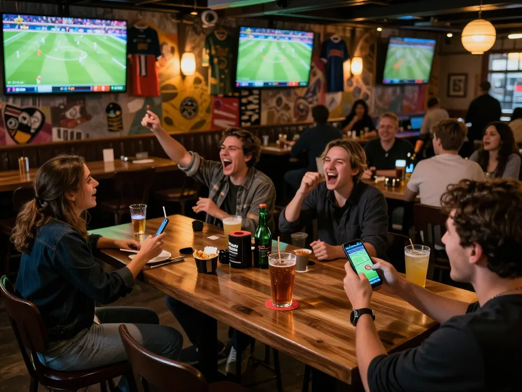 Socolive users enjoying live football matches while placing bets in a lively sports bar environment