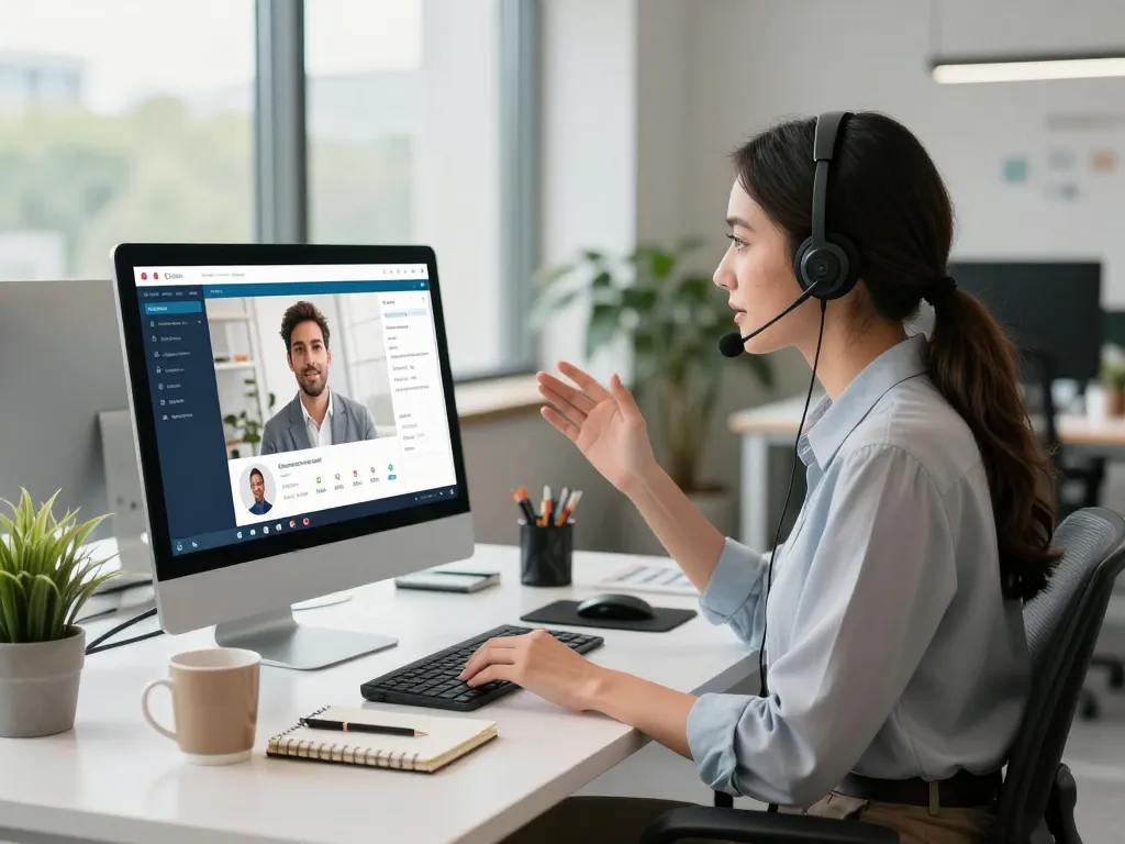 Recruiter using a voice interview platform for efficient candidate screening in a modern office.