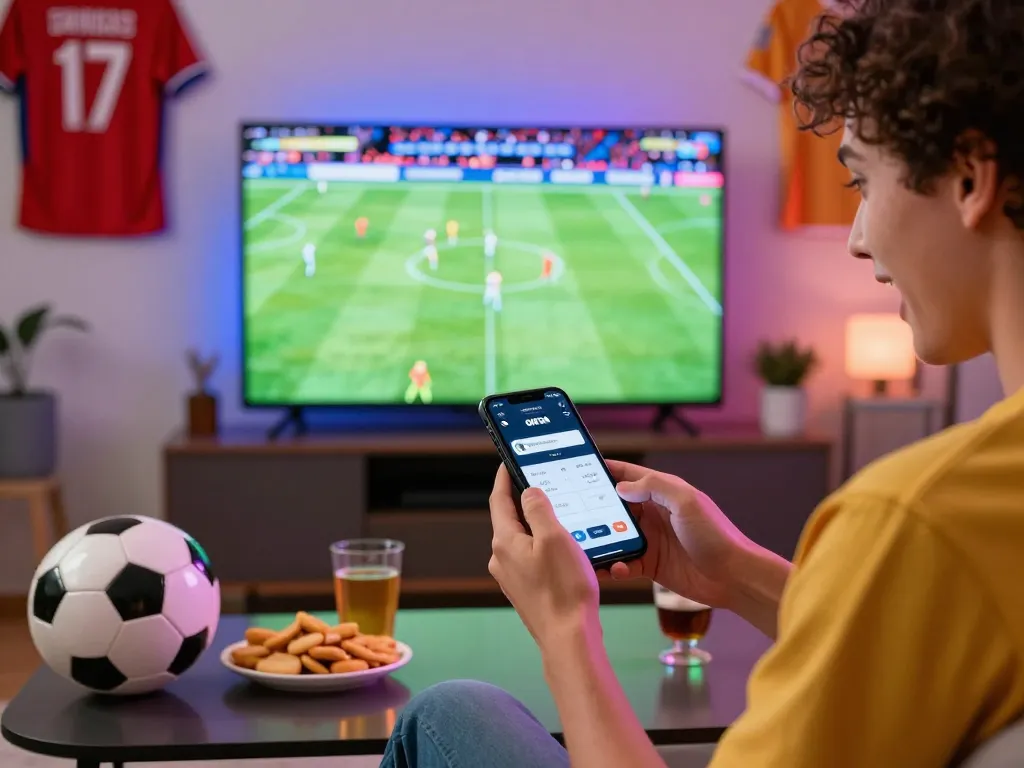 Engaging sports betting experience with OKFUN on smartphone in a lively home environment.
