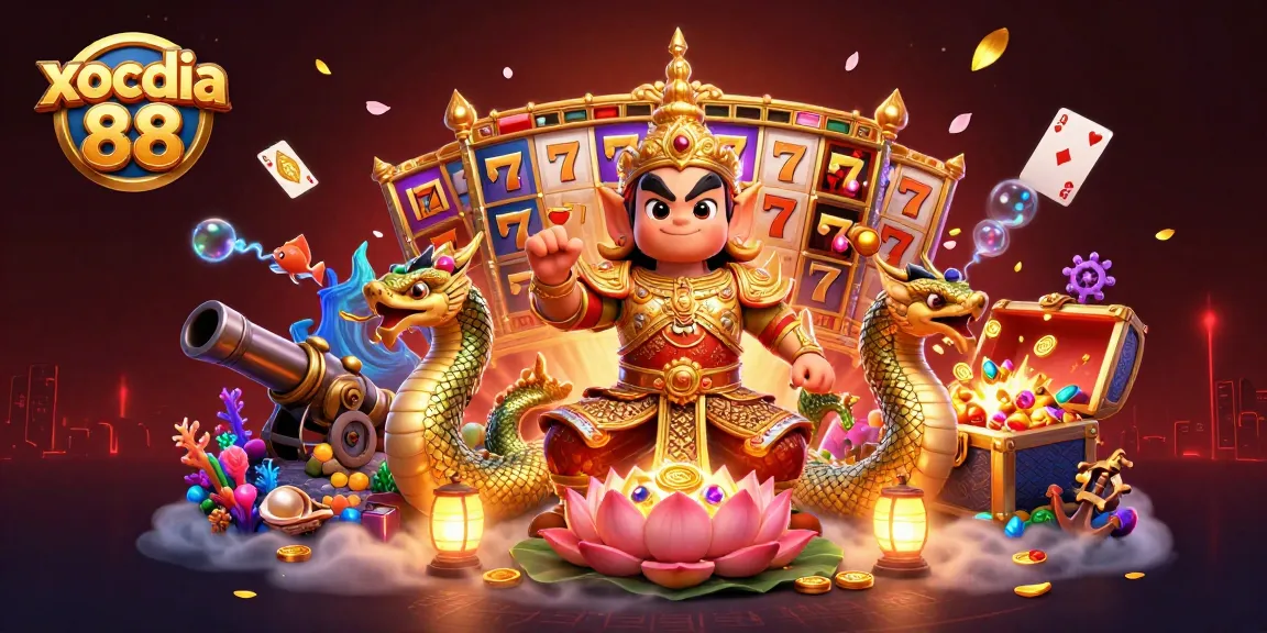 Xocdia 88's vibrant casino scene featuring a guardian, Naga, and gold coins amidst an energetic gaming atmosphere.
