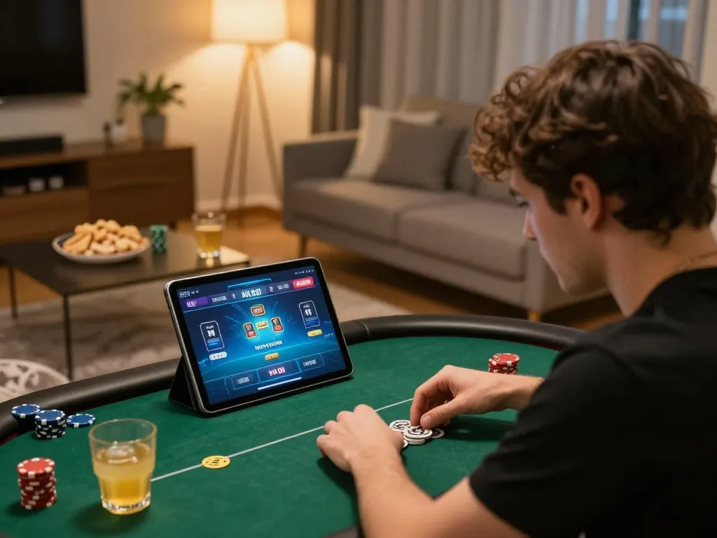 Engaging online poker gameplay with NK 88 displayed on laptop, cozy home setup.