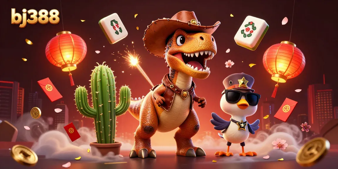 Experience thrilling gameplay with bj388 as a dinosaur cowboy encounters a vibrant casino world.