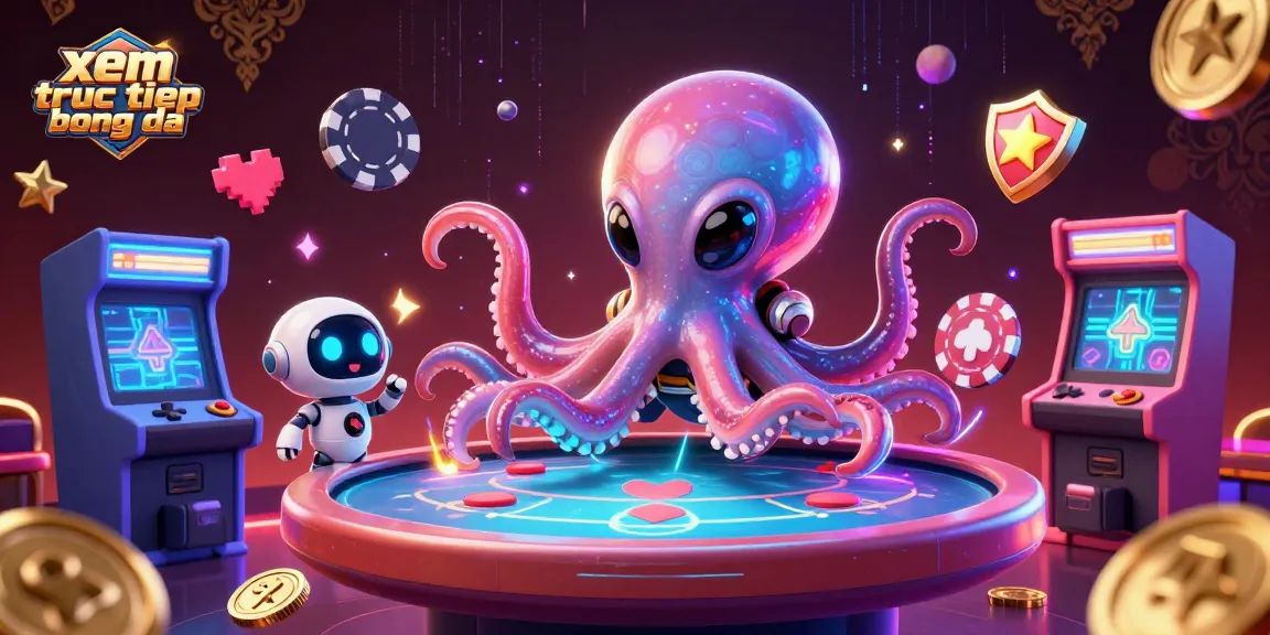 Engage in xem truc tiep bong da with a lively alien octopus at a poker table amidst vibrant casino elements.