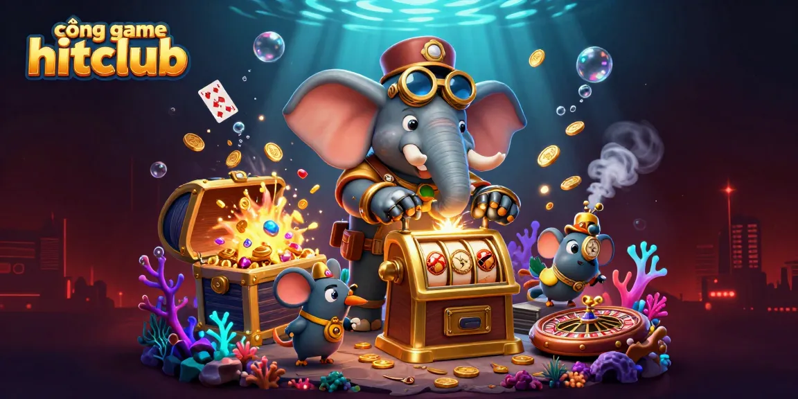 Experience the excitement at cổng game hitclub with a vibrant 3D illustration featuring slot machines and casino elements.
