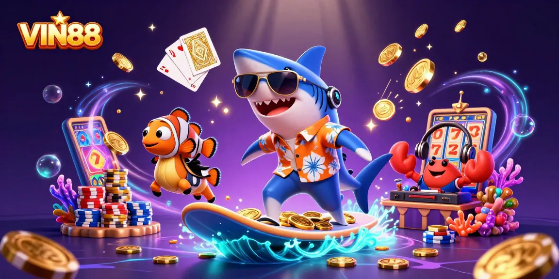 Experience the thrill of VIN88 with a shark surfing on gold coins and vibrant casino elements.
