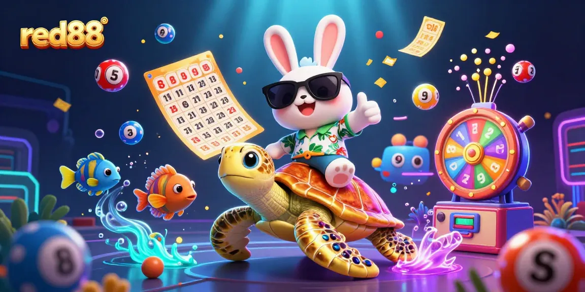 Experience the excitement of red88 with giant golden turtle and lucky rabbit in a vibrant casino scene.