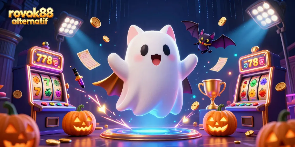 Experience rokok88 alternatif in a vibrant casino scene with a floating ghost cat and glowing poker jack-o-lanterns.